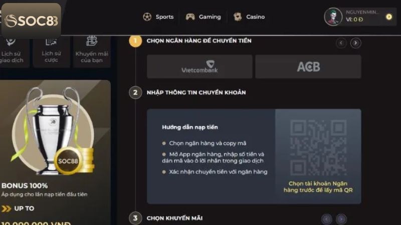 Quy trình nạp tiền Soc88 dễ dàng và nhanh chóng